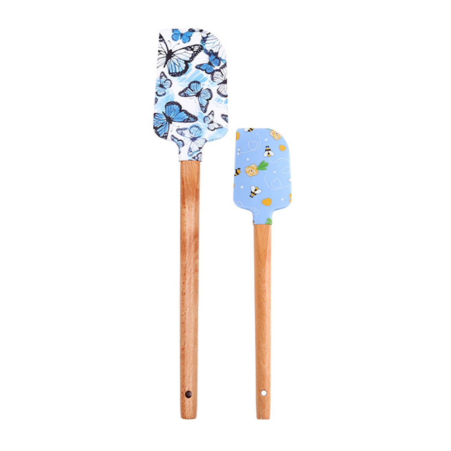 Silicone Spatula Set with Wooden Handles Bee Print Heat Resistant Kitchen Baking Tools 2 Piece