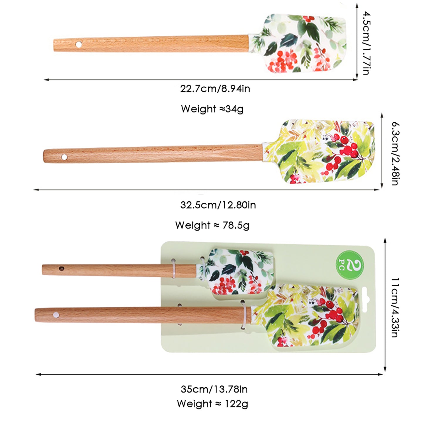 Silicone Spatula Set with Wooden Handles Bee Print Heat Resistant Kitchen Baking Tools 2 Piece