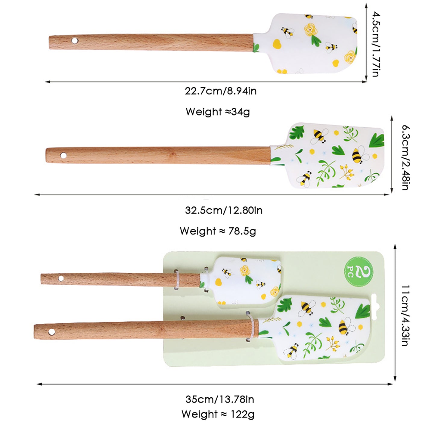 Silicone Spatula Set with Wooden Handles Bee Print Heat Resistant Kitchen Baking Tools 2 Piece
