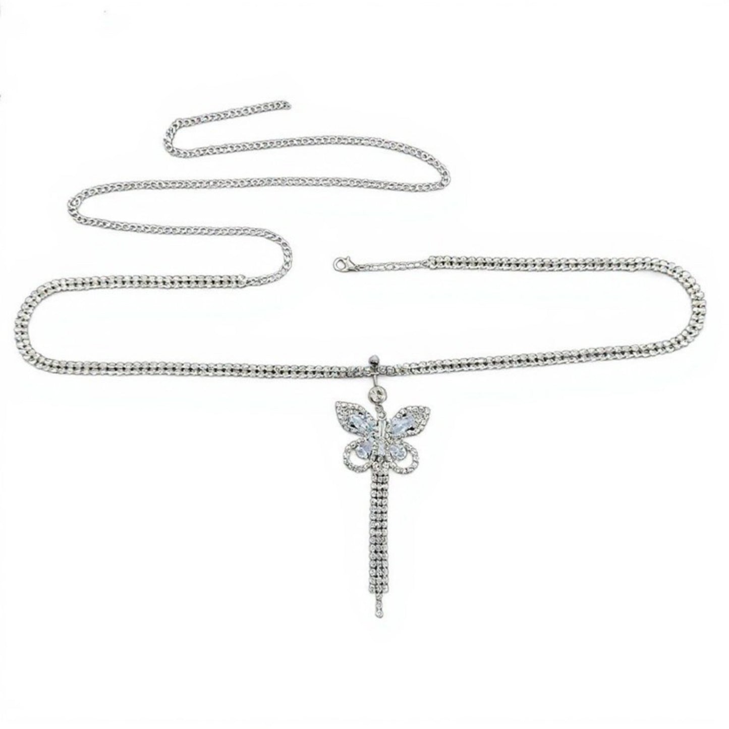 Rhinestone Butterfly Charm Waist Belt with Drop Chain Decorative Fashion Accessory