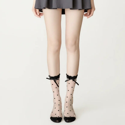 Sheer Polka Dot Crew Socks 3 Piece Set with Bow Trim Lightweight Dress Socks