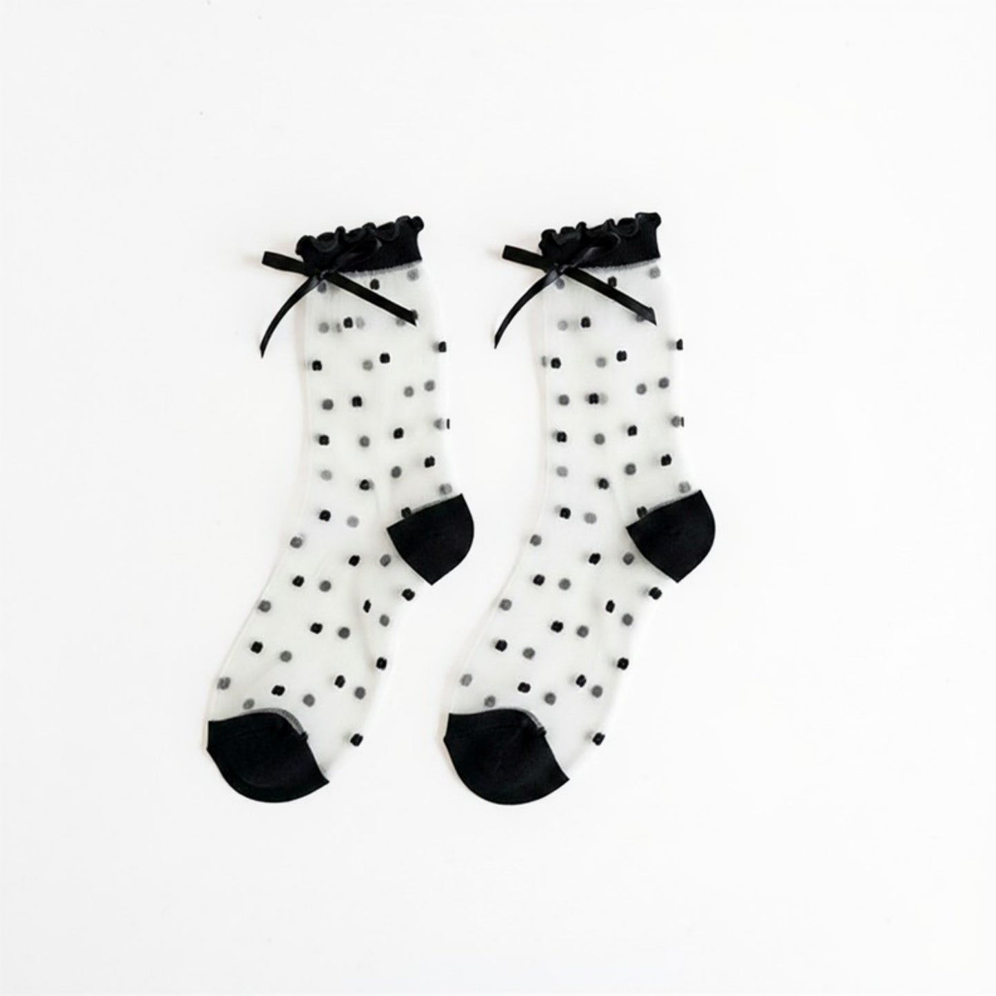 Sheer Polka Dot Crew Socks 3 Piece Set with Bow Trim Lightweight Dress Socks