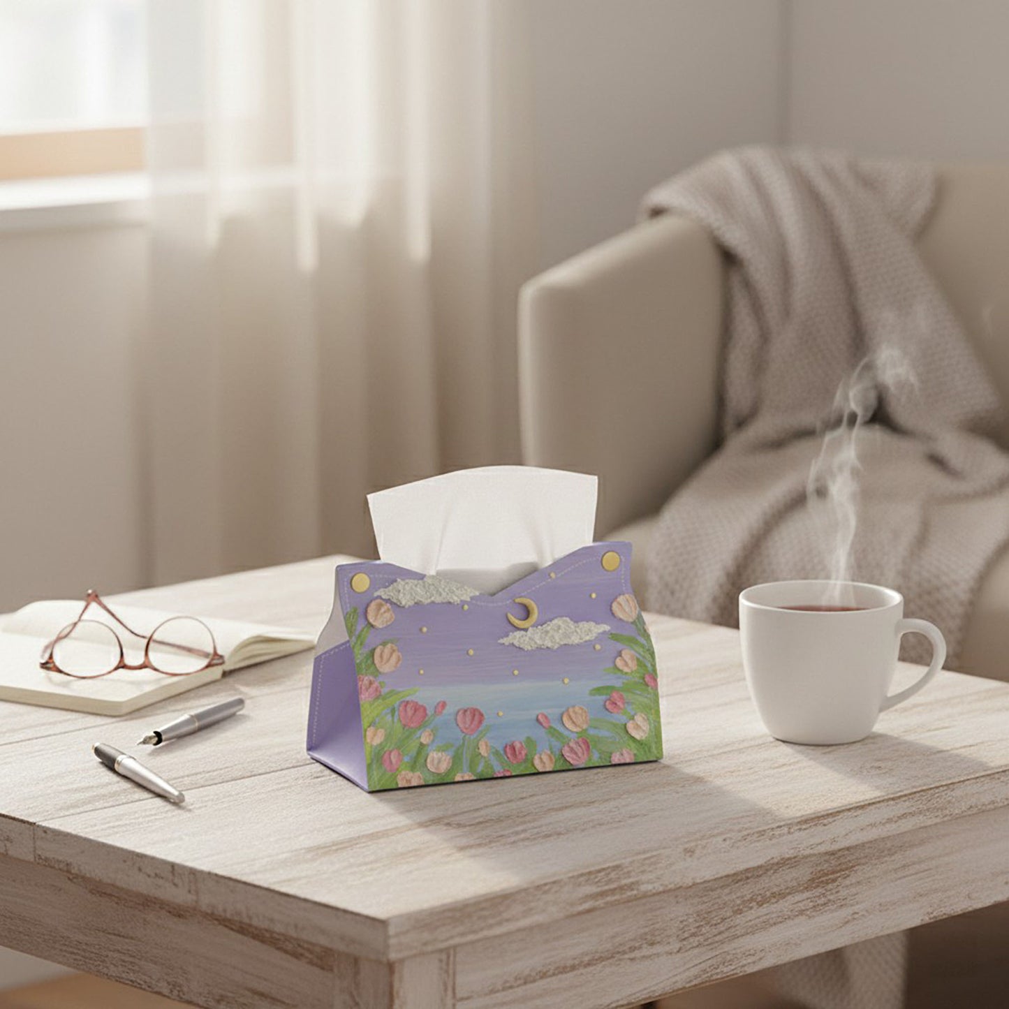 3-Piece Floral Decorative Tissue Box Cover with Painted Tulip Design