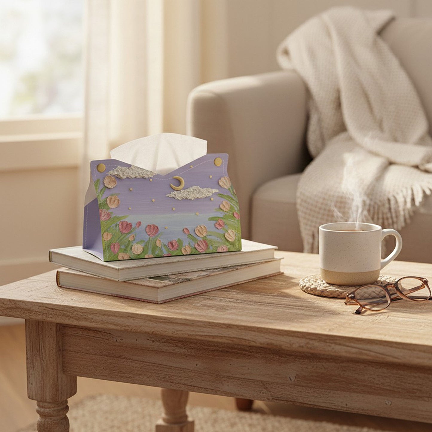 3-Piece Floral Decorative Tissue Box Cover with Painted Tulip Design