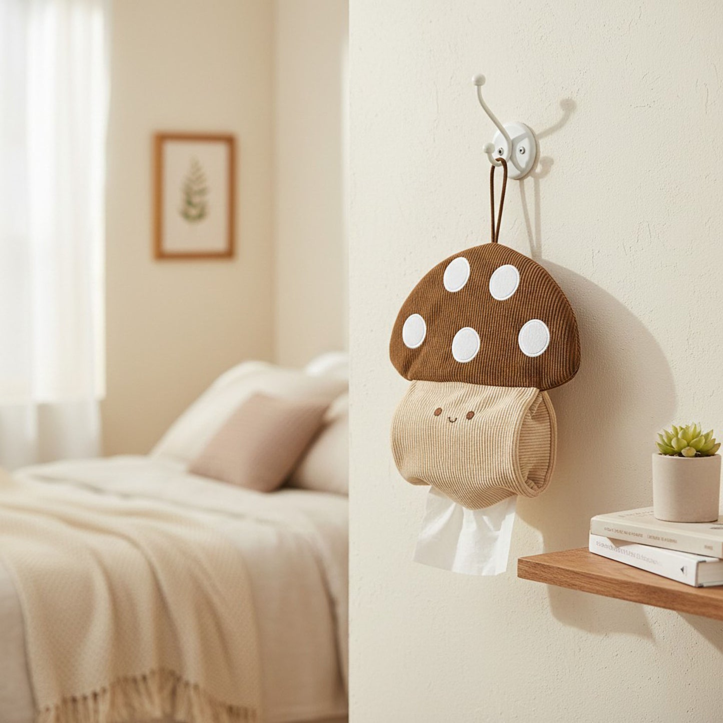 Mushroom Hanging Tissue Holder with Soft Textured Fabric Design