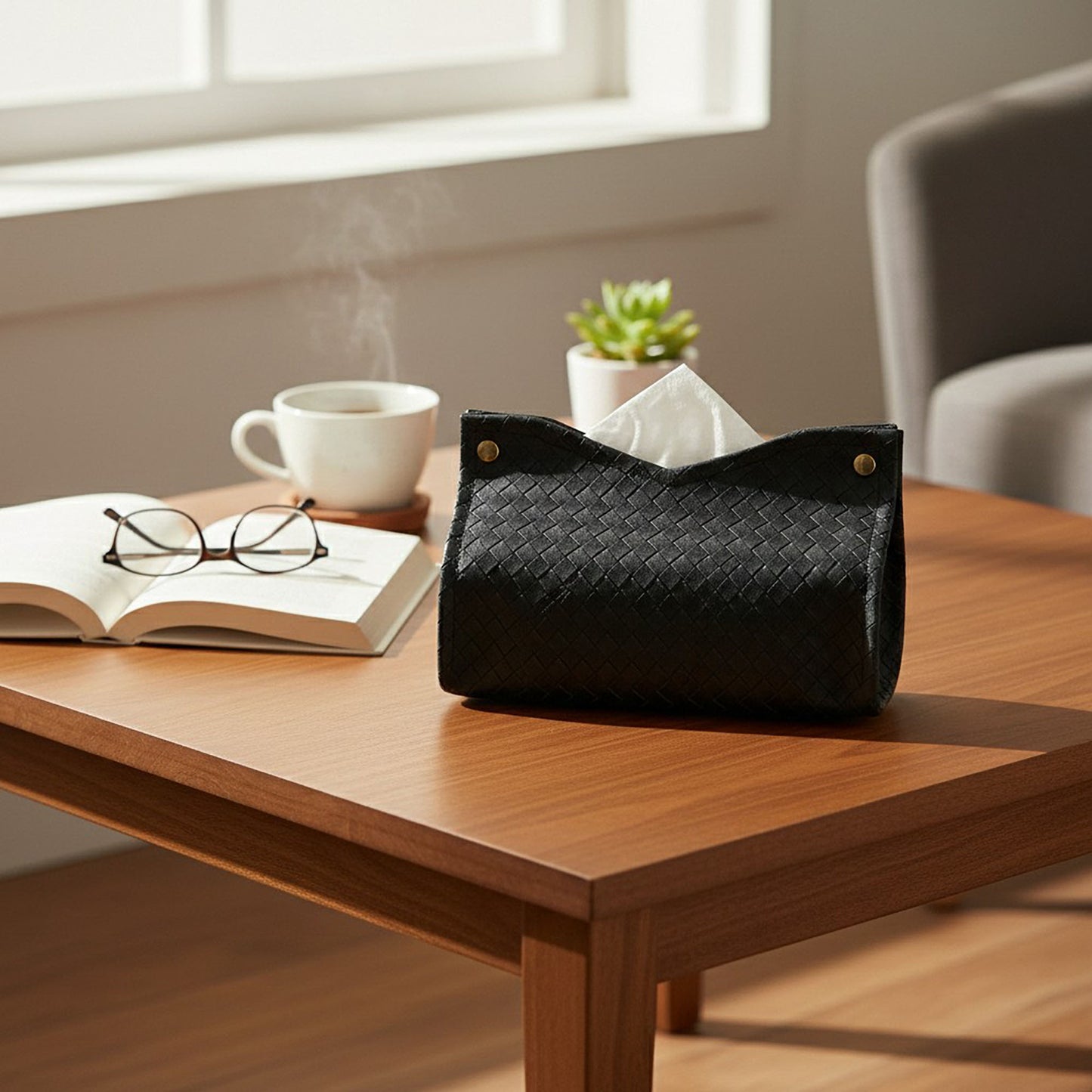 3-piece Woven Texture Faux Leather Tissue Holder with Snap Closure Design