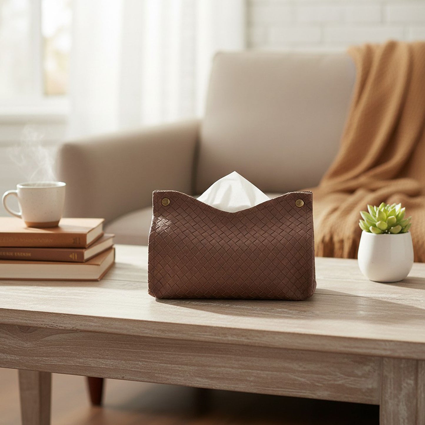 3-piece Woven Texture Faux Leather Tissue Holder with Snap Closure Design