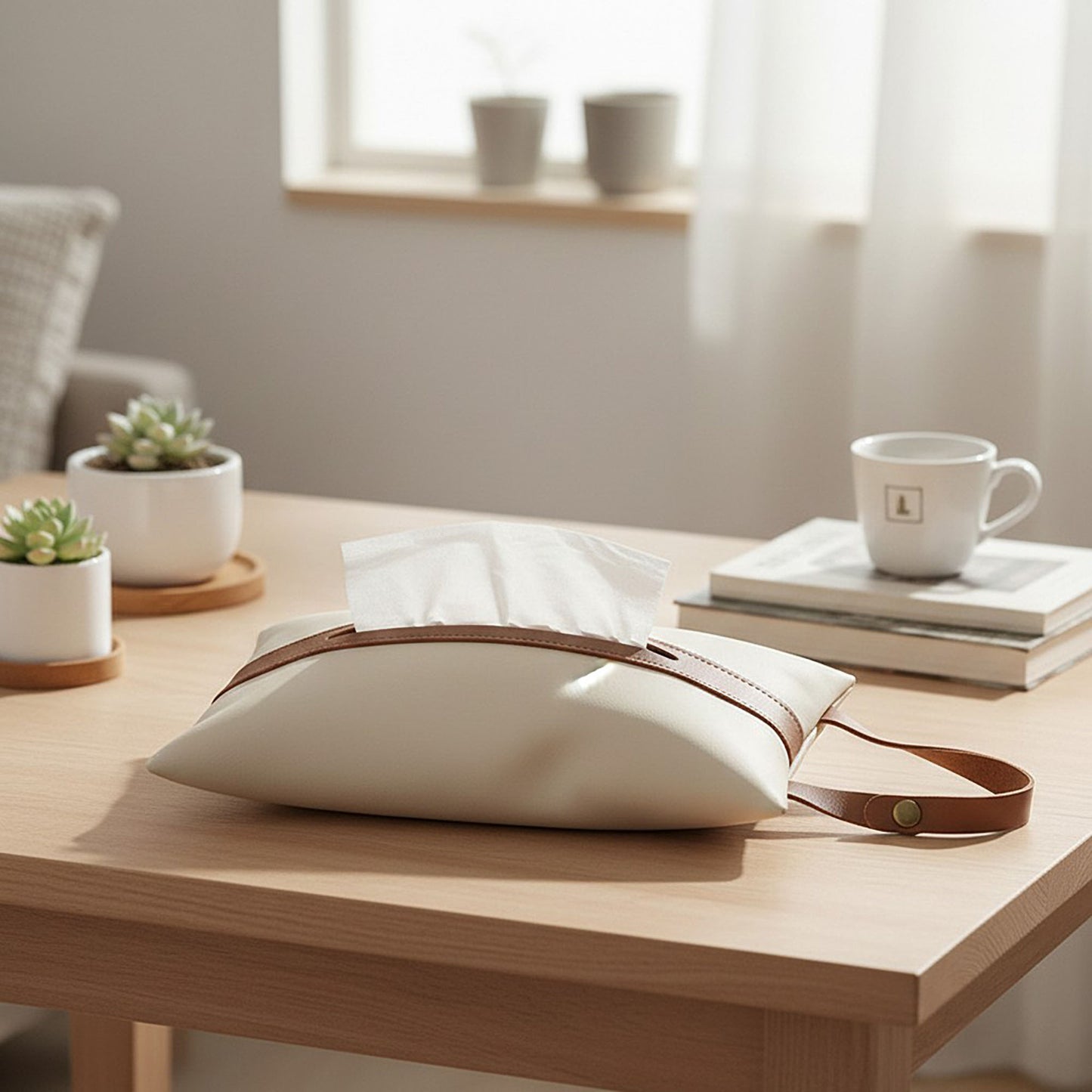 Soft Faux Leather Tissue Holder with Strap Handle and Snap Closure