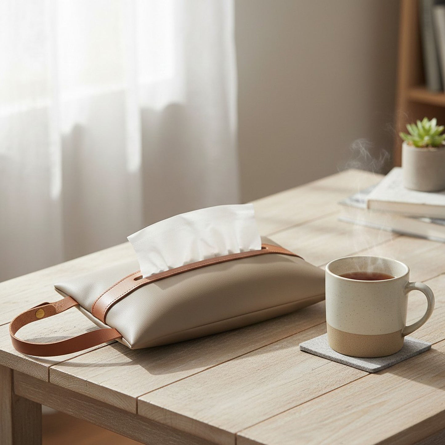 Soft Faux Leather Tissue Holder with Strap Handle and Snap Closure