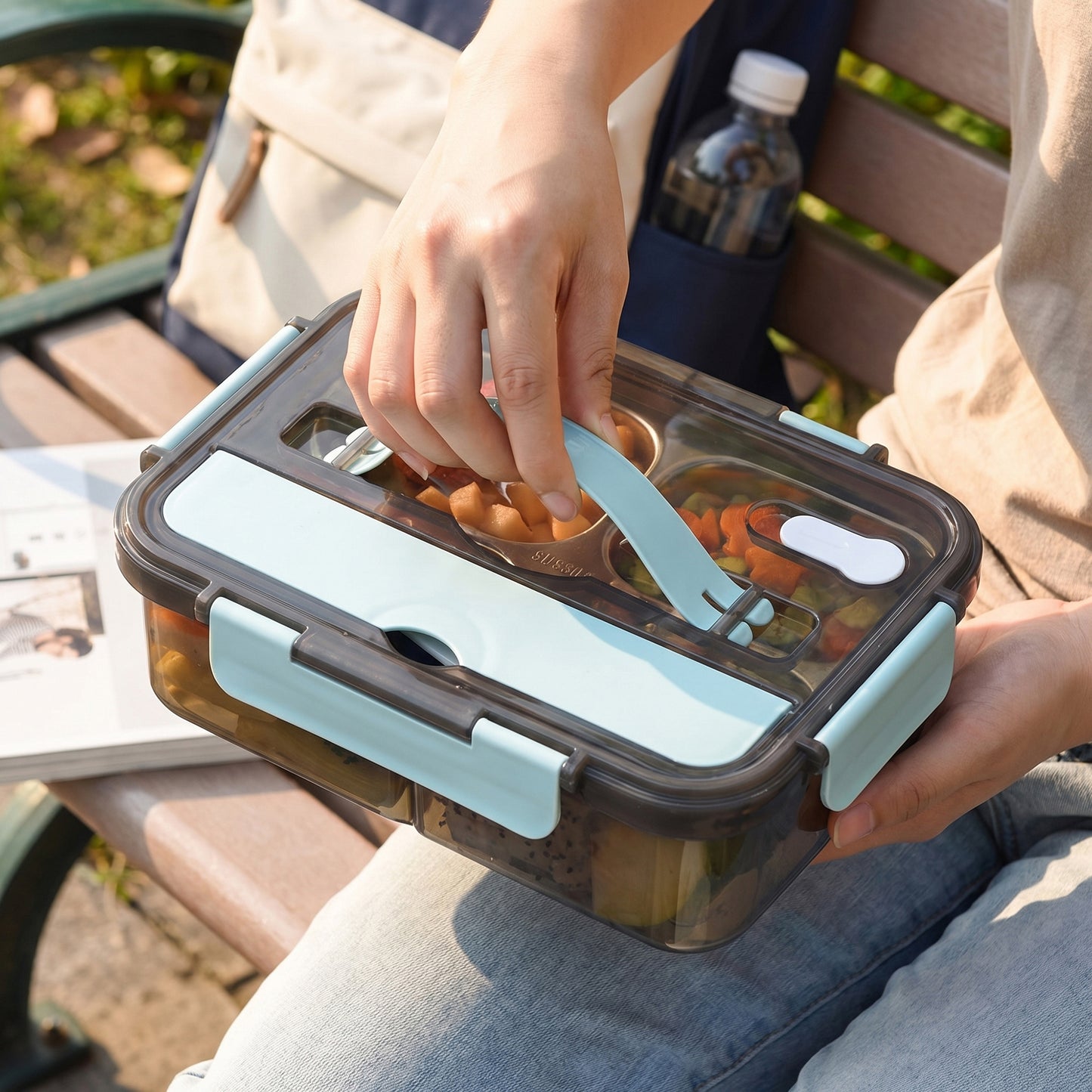 Bento Lunch Box Leakproof Food Container with Compartments Utensil Storage and Secure Lock Lid