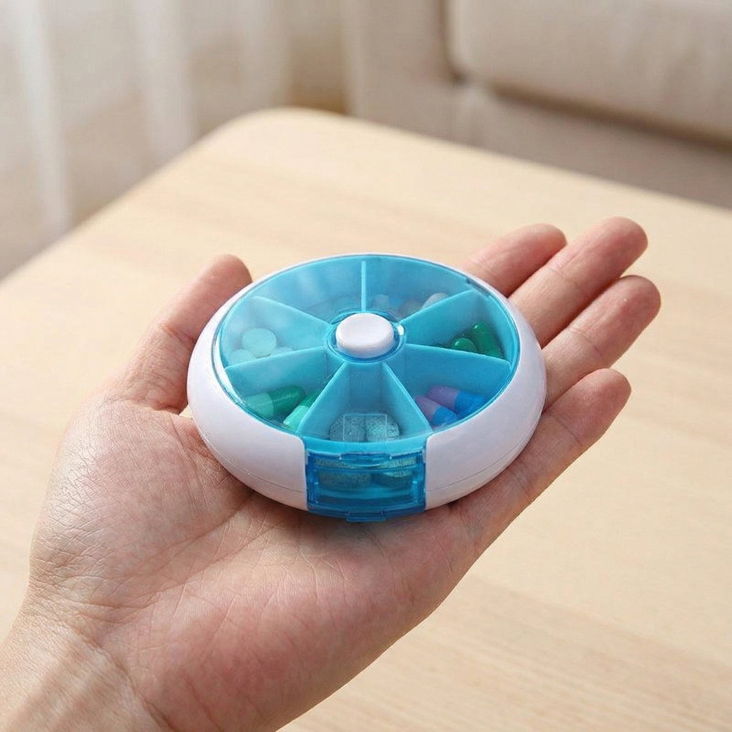 2 Pack Round Pill Organizer Travel Case with 7 Compartments Flip Lid Portable Medication Storage