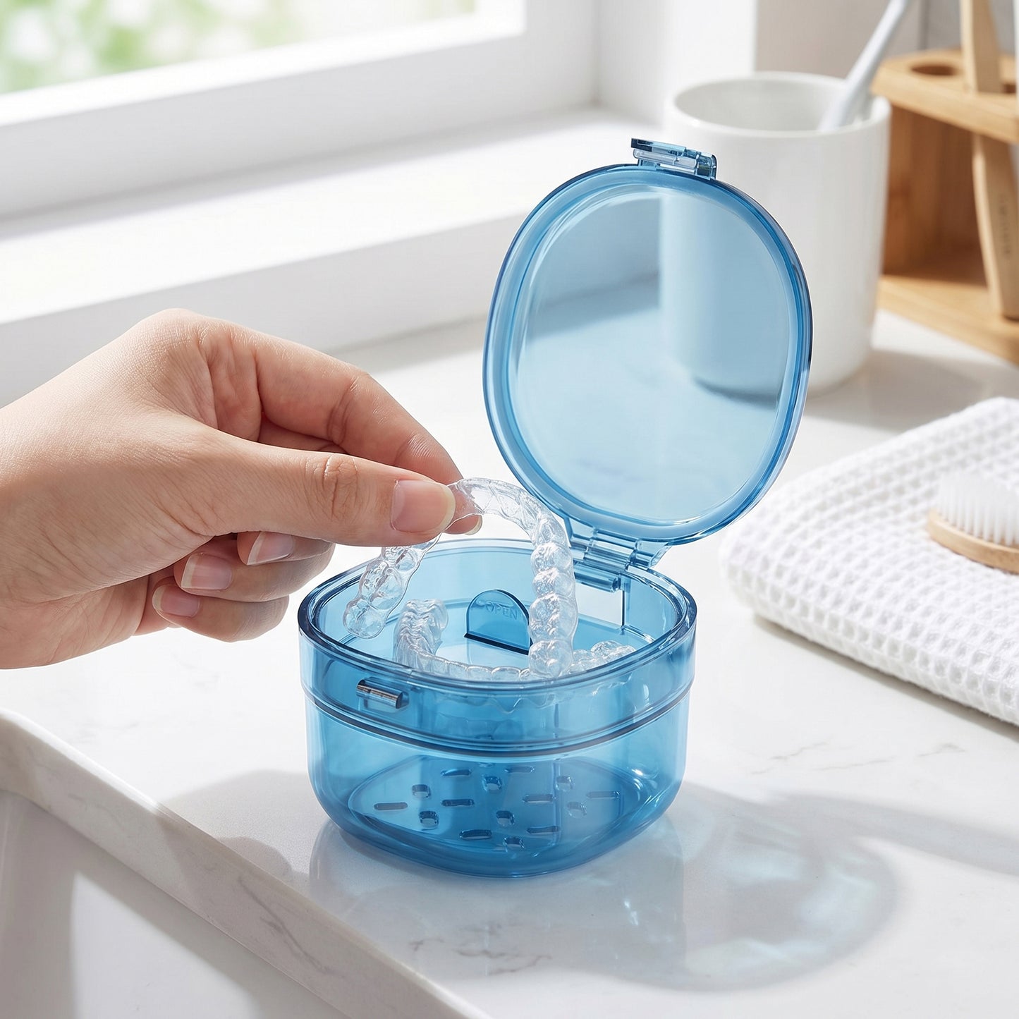 Retainer Case with Vent Drain Tray Portable Dental Storage Box for Aligners Dentures Mouth Guards