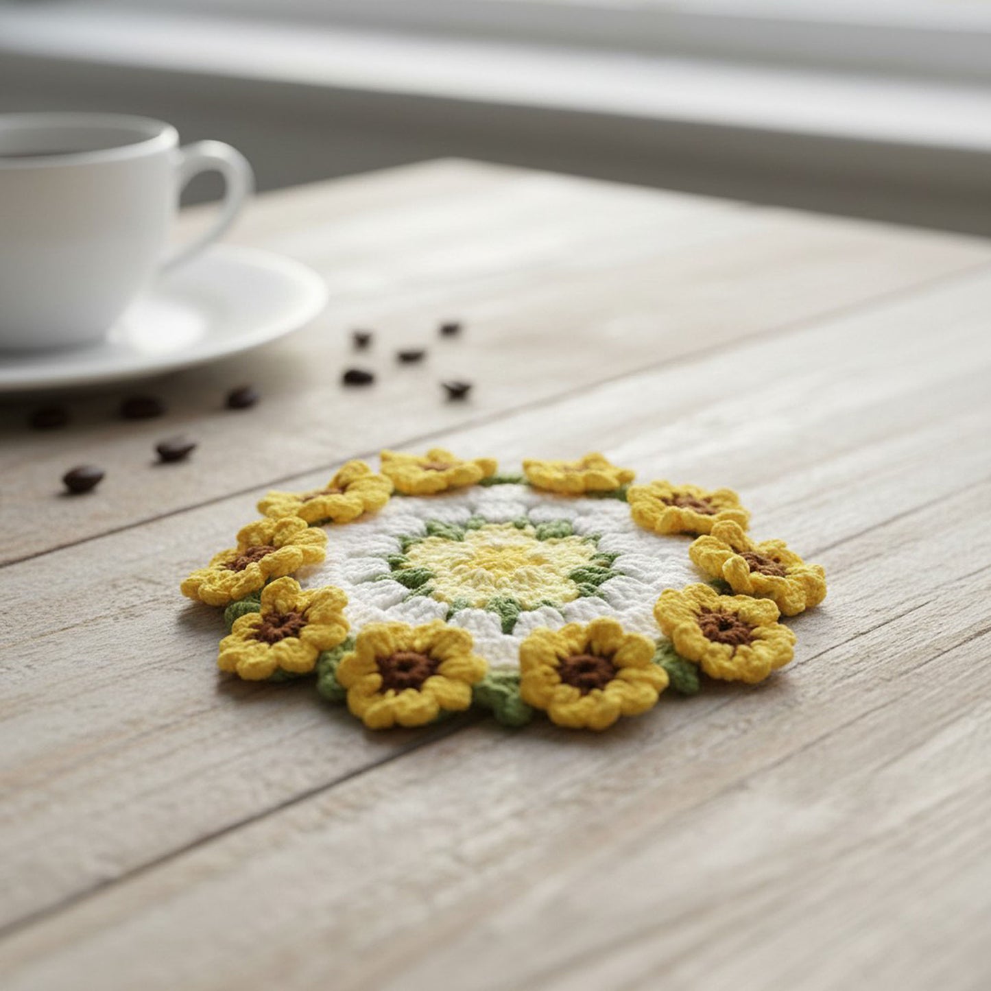 Handcrafted Crochet Sunflower Coaster with Floral Knit Design
