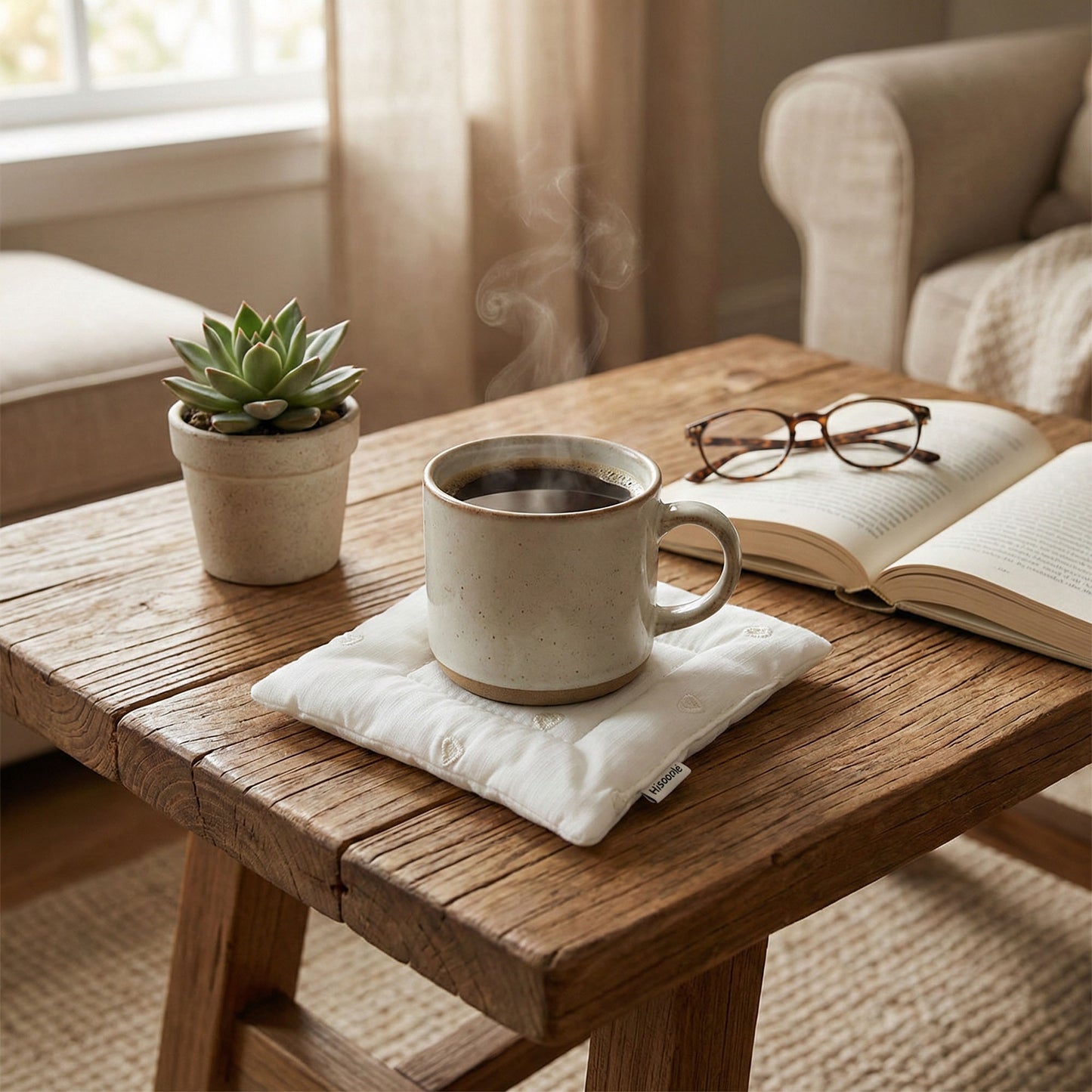 2-PC Square Fabric Cup Coaster with Soft Padded Design and Subtle Heart Embroidery