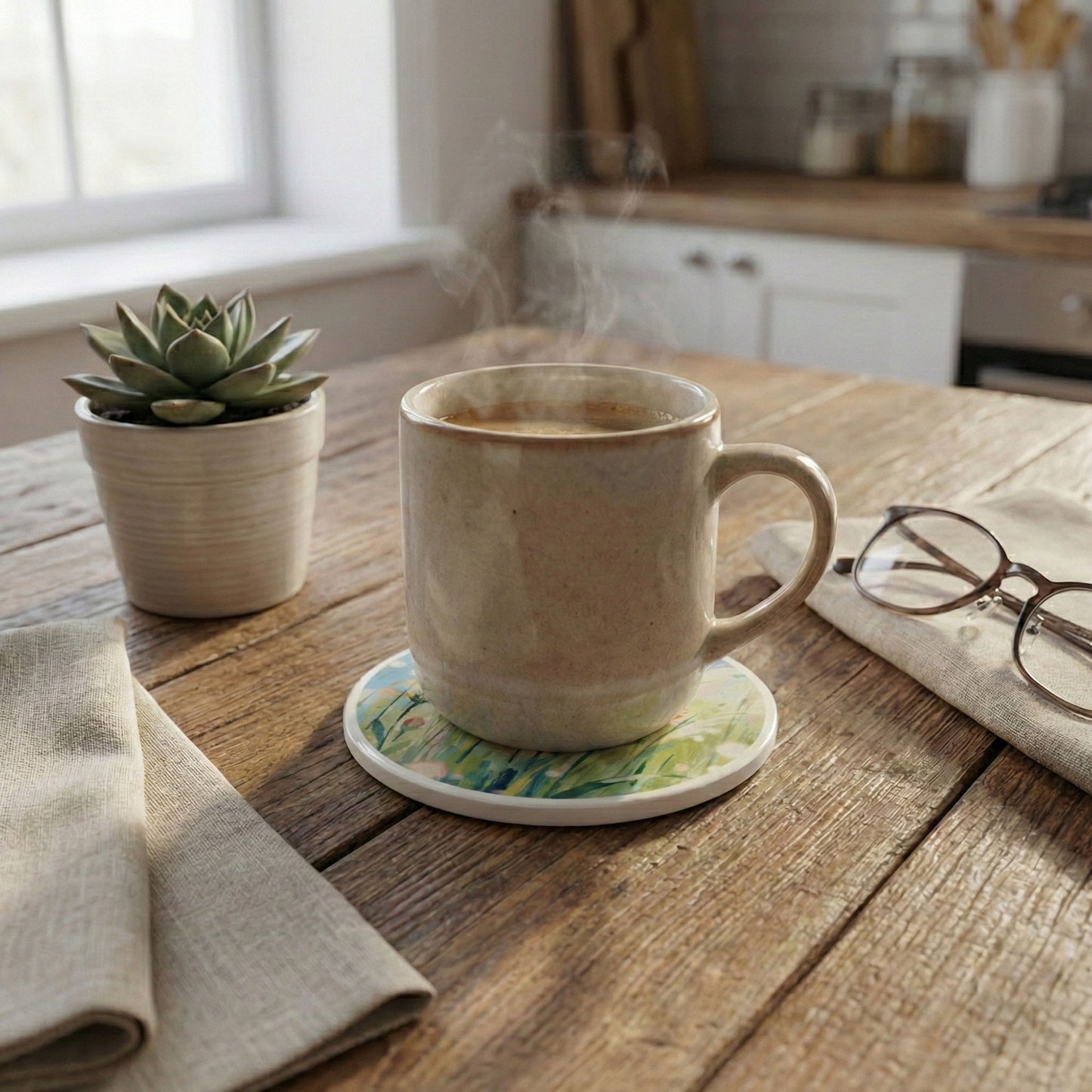 2-PC Round Floral Decorative Coaster with Painted Meadow Design