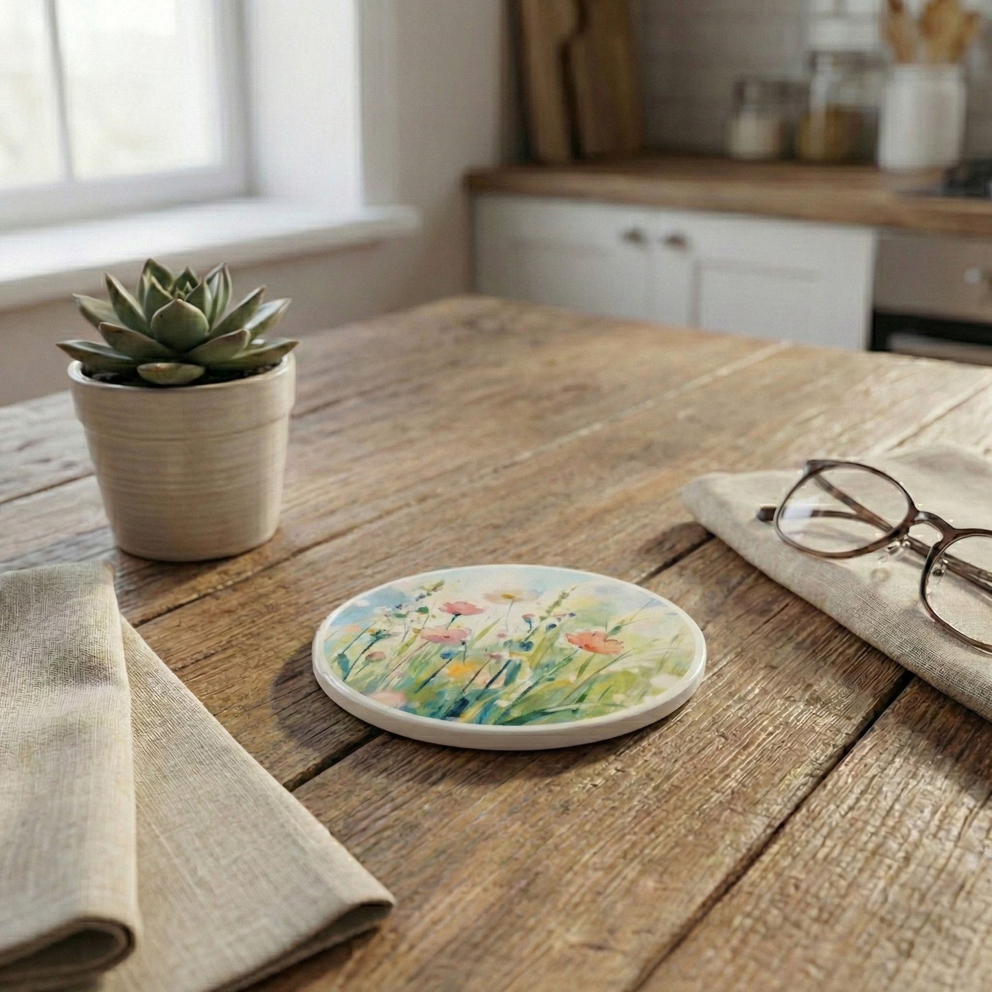 2-PC Round Floral Decorative Coaster with Painted Meadow Design
