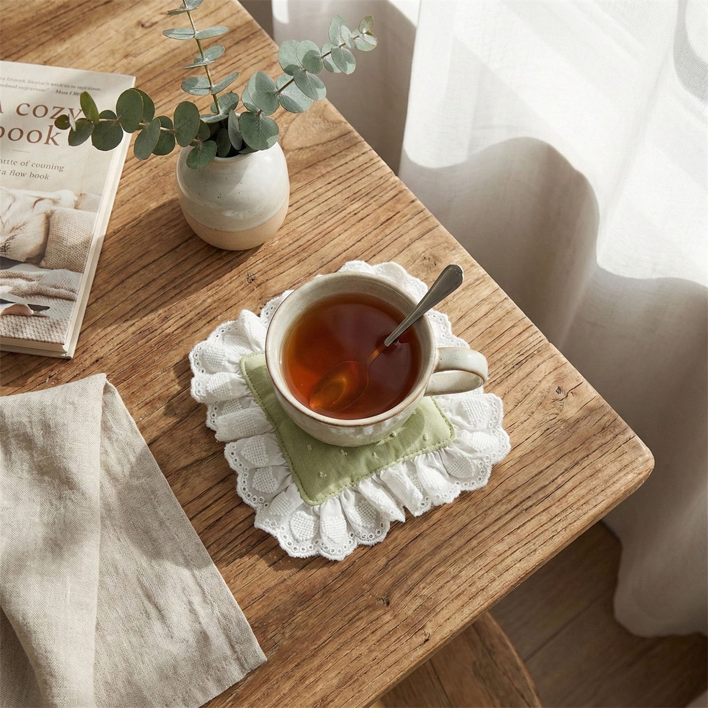 2-PC Lace Trim Square Fabric Cup Coaster with Soft Padded Center and Embroidered Detail