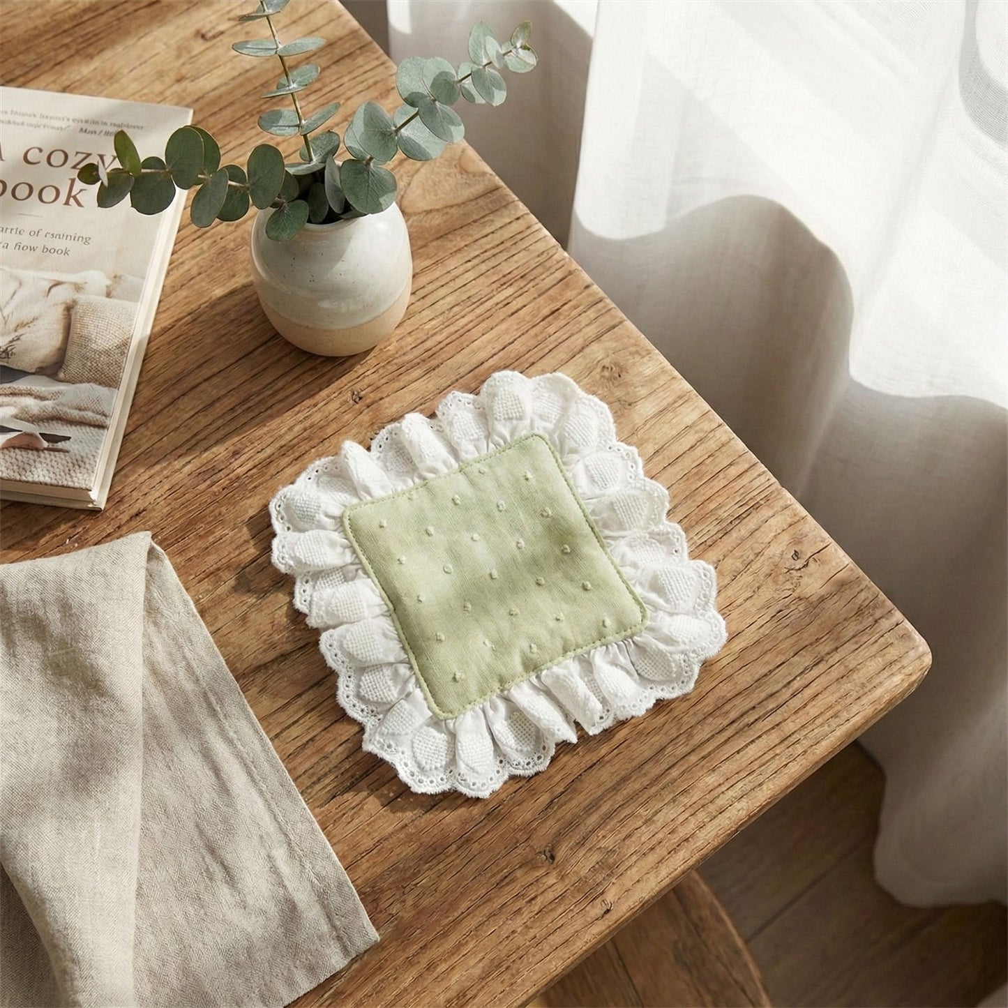 2-PC Lace Trim Square Fabric Cup Coaster with Soft Padded Center and Embroidered Detail