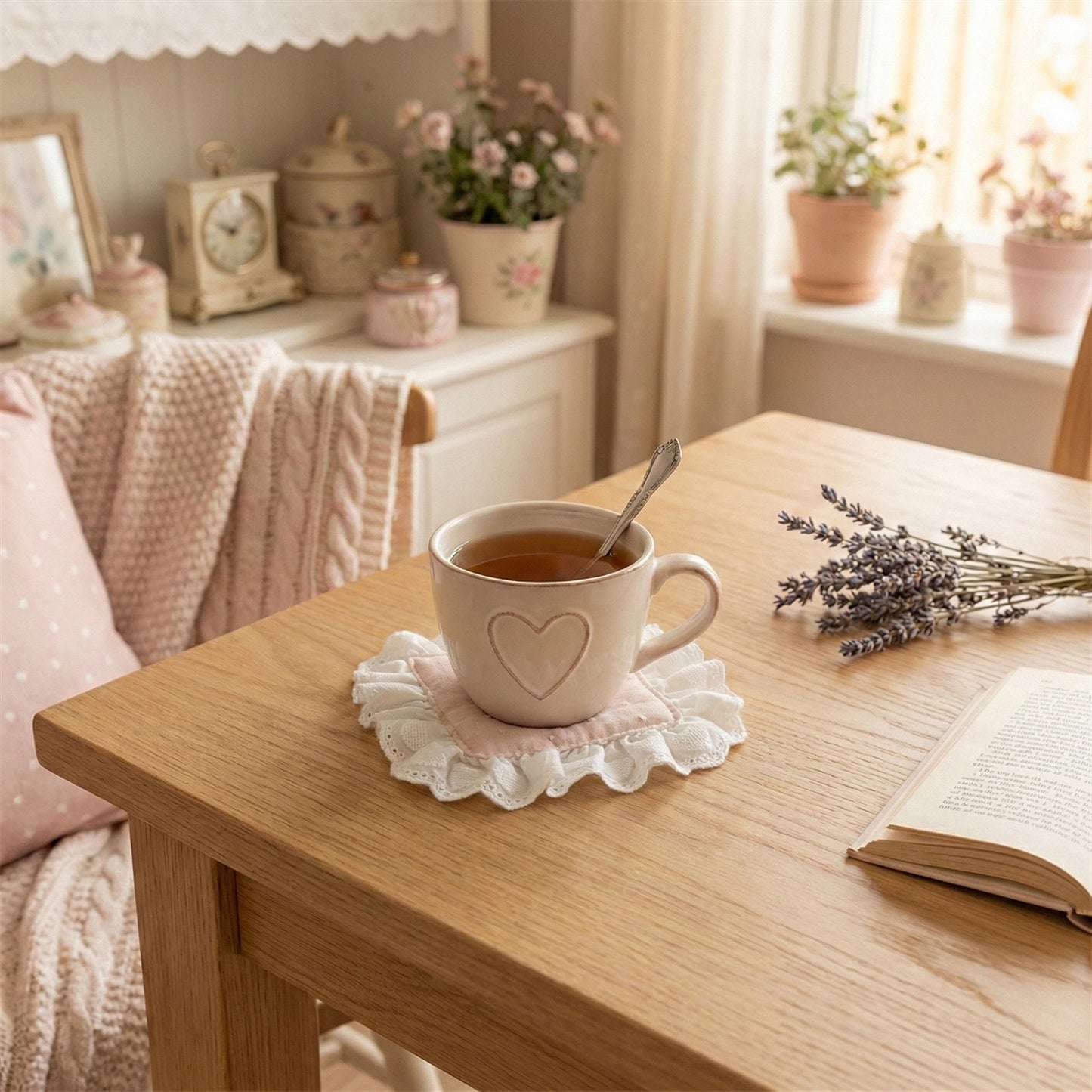 2-PC Lace Trim Square Fabric Cup Coaster with Soft Padded Center and Embroidered Detail