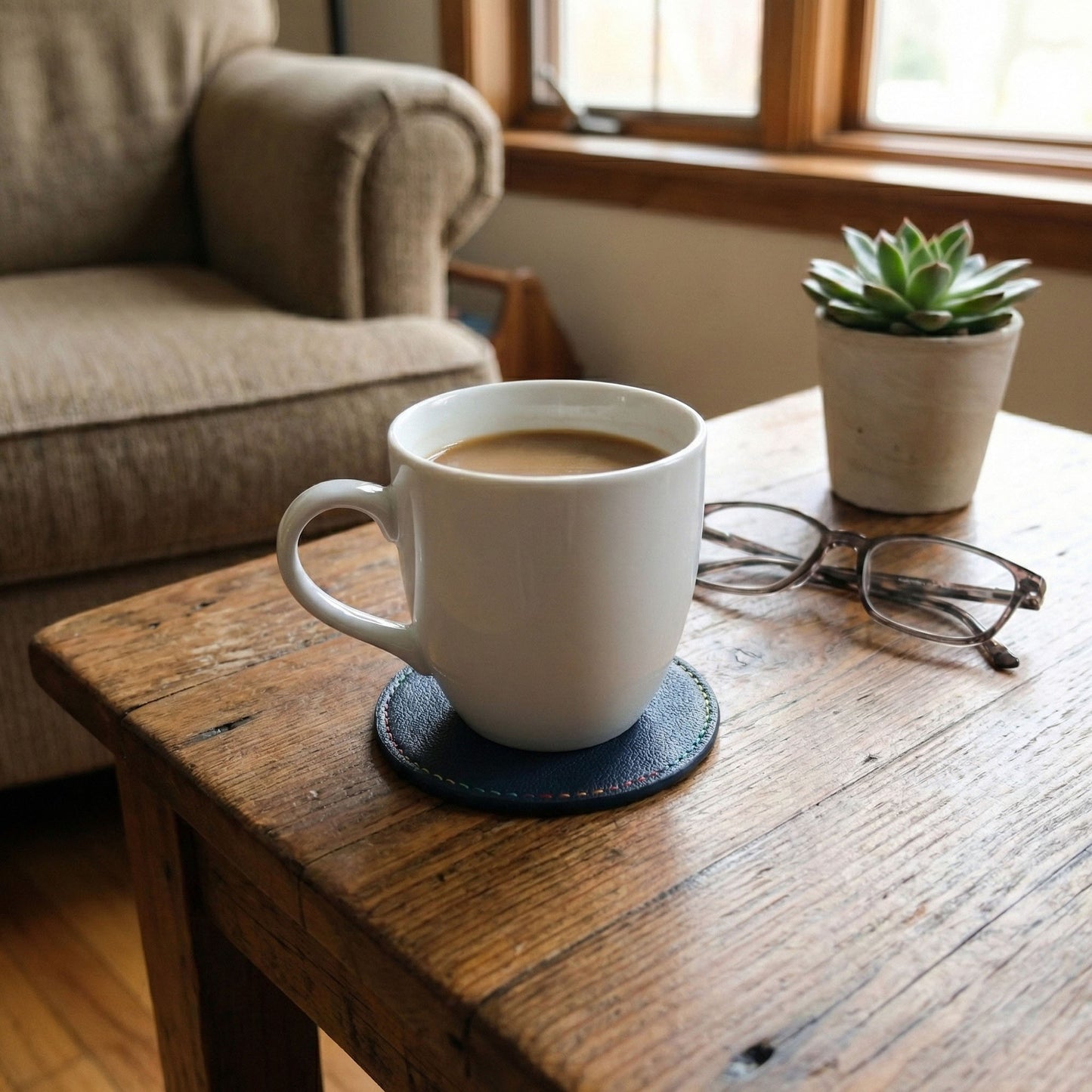 4-PC Round Leather Coaster with Stitched Edge Durable Table Protector