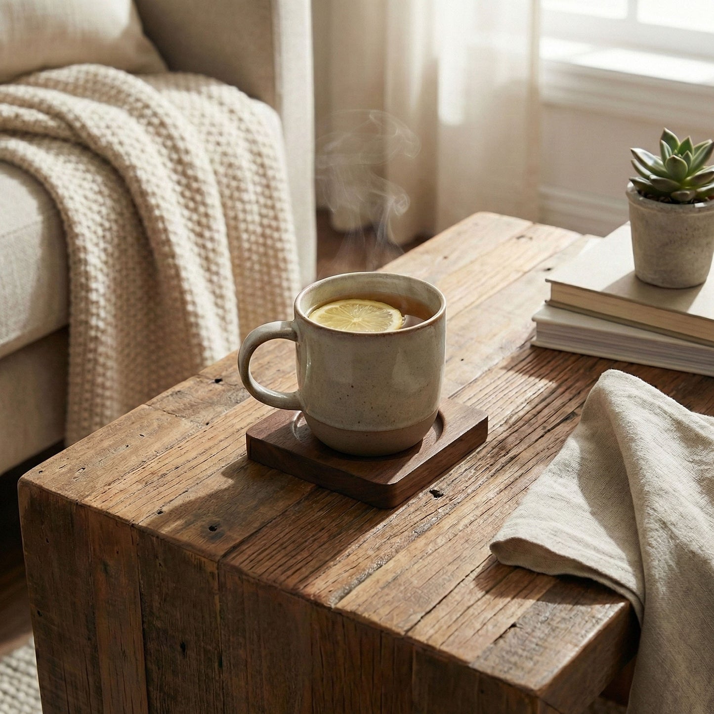2-PC Square Wood Coaster with Recessed Round Groove Table Protector