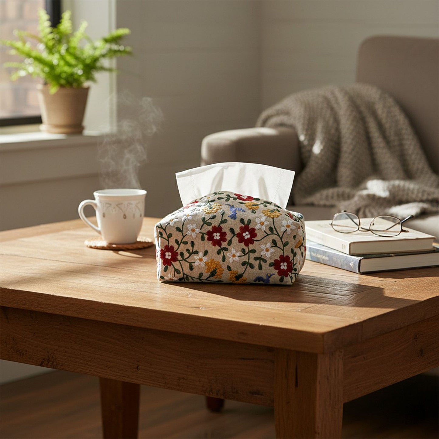 Embroidered Fabric Tissue Holder with Patchwork Pattern Design