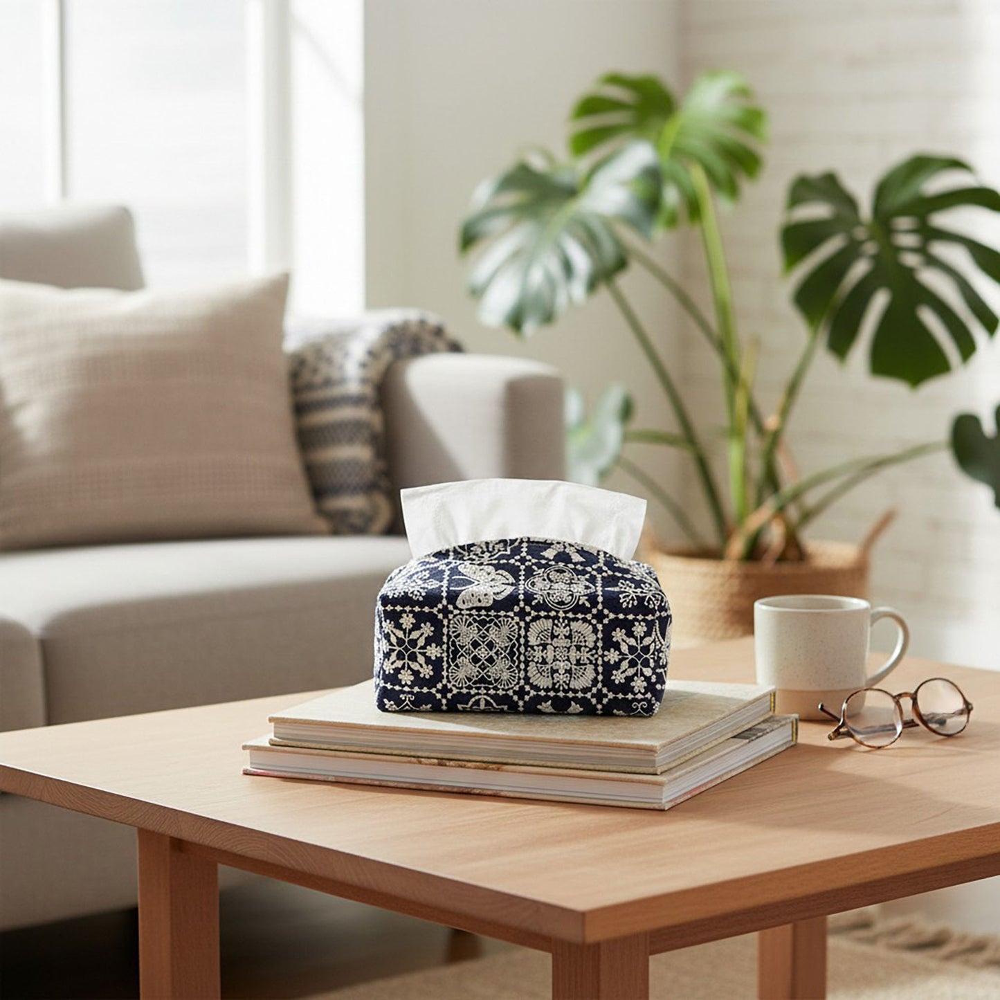 Embroidered Fabric Tissue Holder with Patchwork Pattern Design
