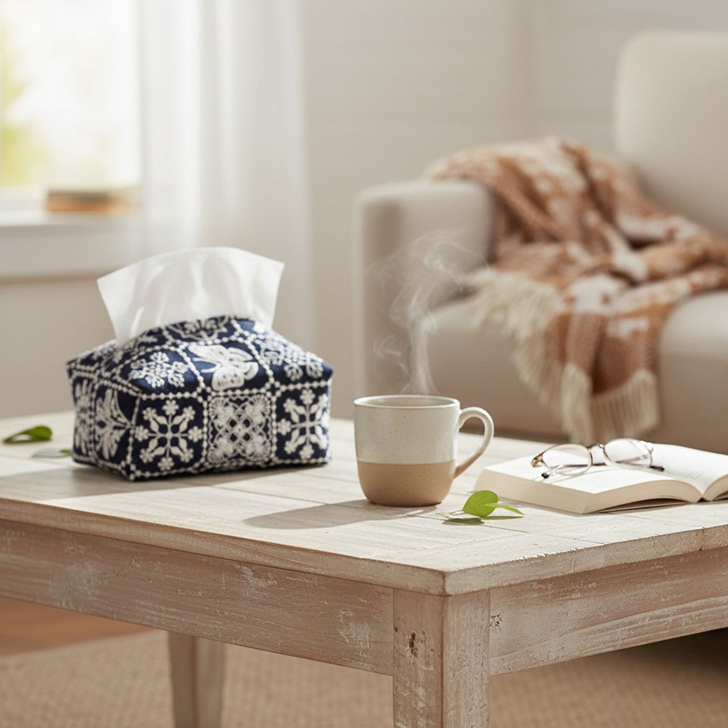 Embroidered Fabric Tissue Holder with Patchwork Pattern Design