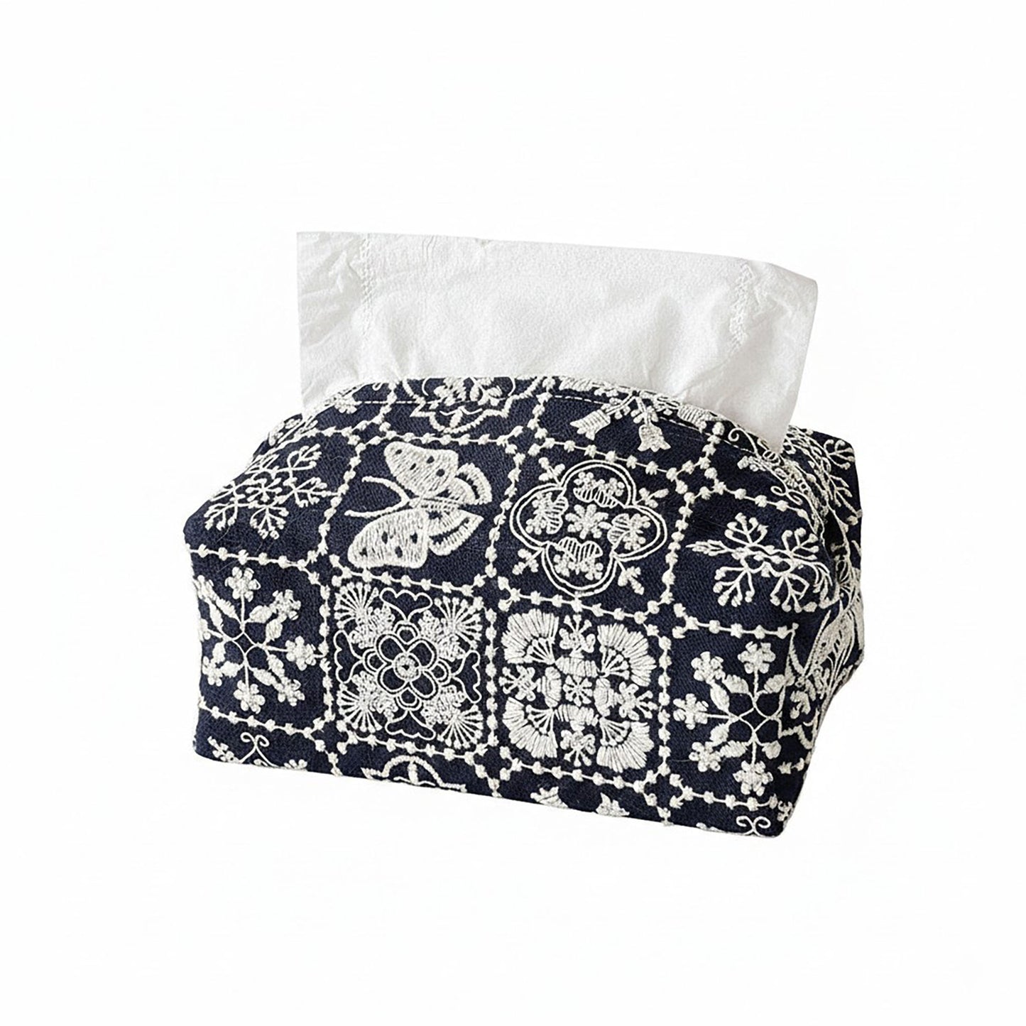 Embroidered Fabric Tissue Holder with Patchwork Pattern Design