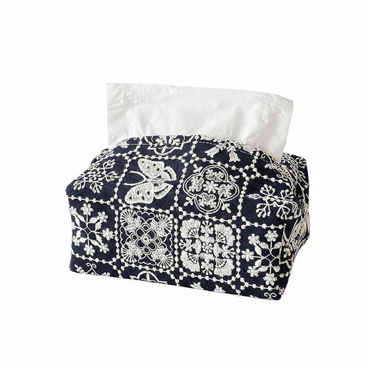 Embroidered Fabric Tissue Holder with Patchwork Pattern Design