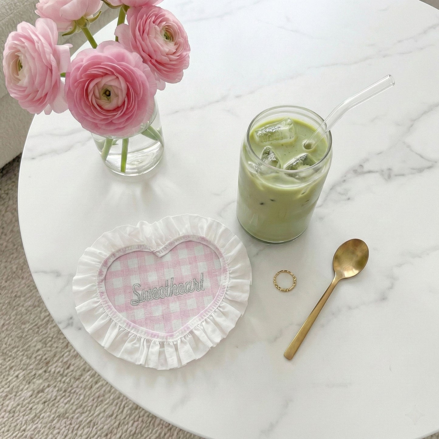 2-PC Heart Shaped Fabric Coaster with Ruffle Trim Table Protector