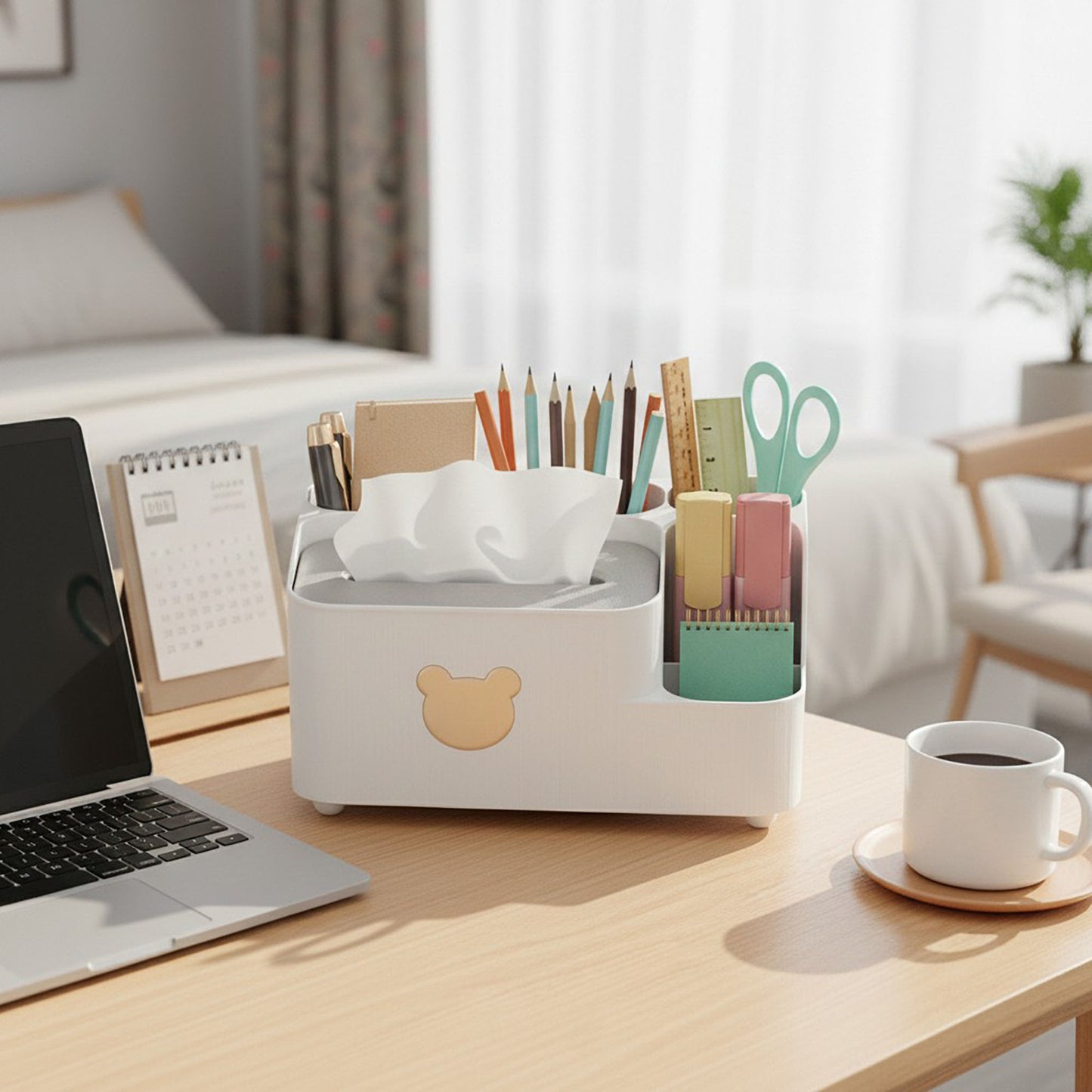 Multi-Compartment Plastic Tissue Box Organizer with Side Storage
