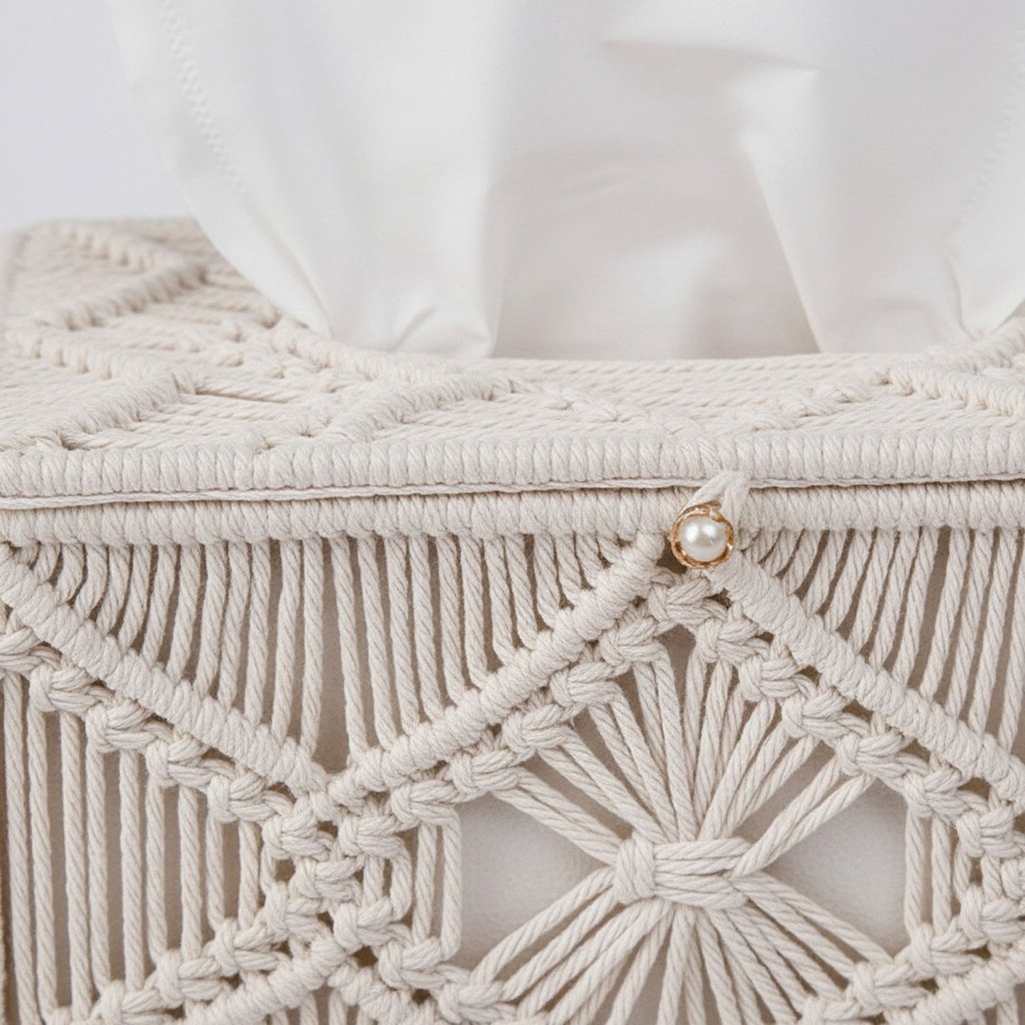 Handwoven Macrame Tissue Box Cover with Textured Geometric Design