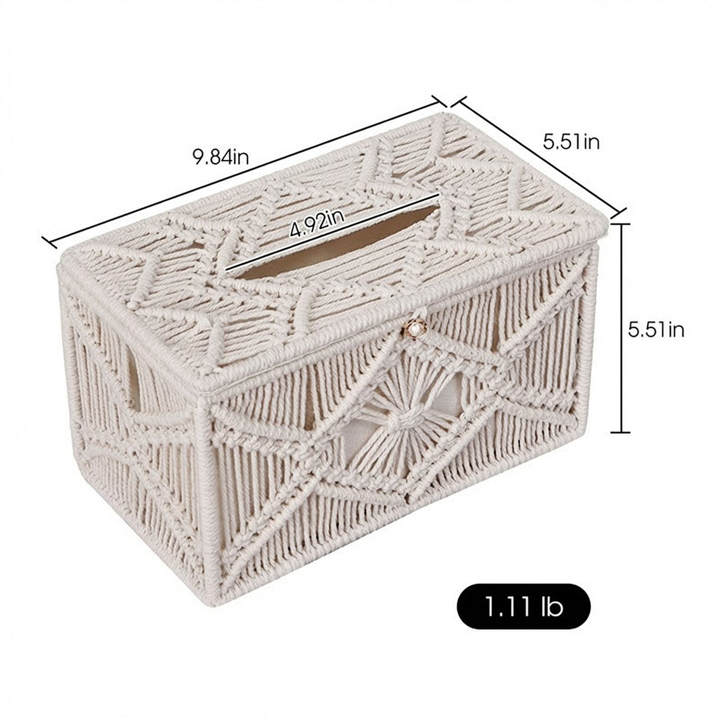 Handwoven Macrame Tissue Box Cover with Textured Geometric Design