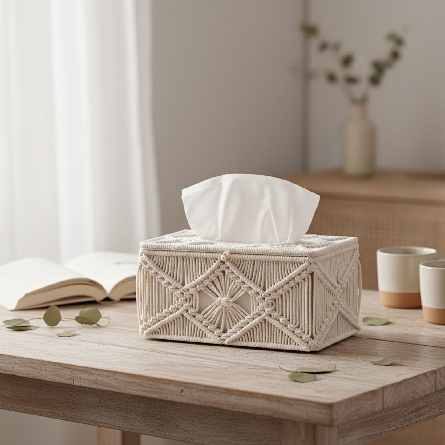 Handwoven Macrame Tissue Box Cover with Textured Geometric Design