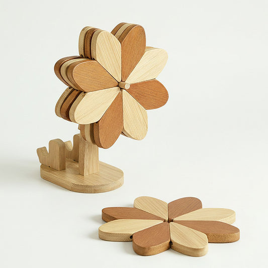 Wooden Flower Folding Coaster Set with Holder Stand