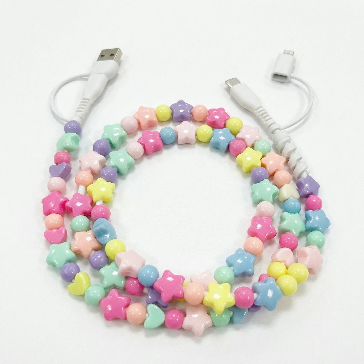 Colorful Beaded USB Charging Cable 4 in 1 Fast Charge Type C Lightning Micro USB Cute Cord