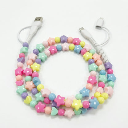 Colorful Beaded USB Charging Cable 4 in 1 Fast Charge Type C Lightning Micro USB Cute Cord