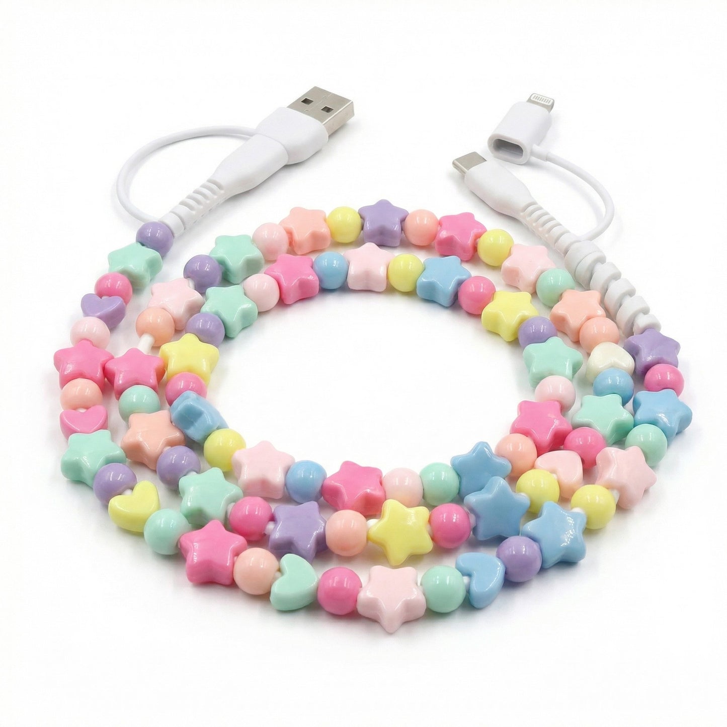 Colorful Beaded USB Charging Cable 4 in 1 Fast Charge Type C Lightning Micro USB Cute Cord