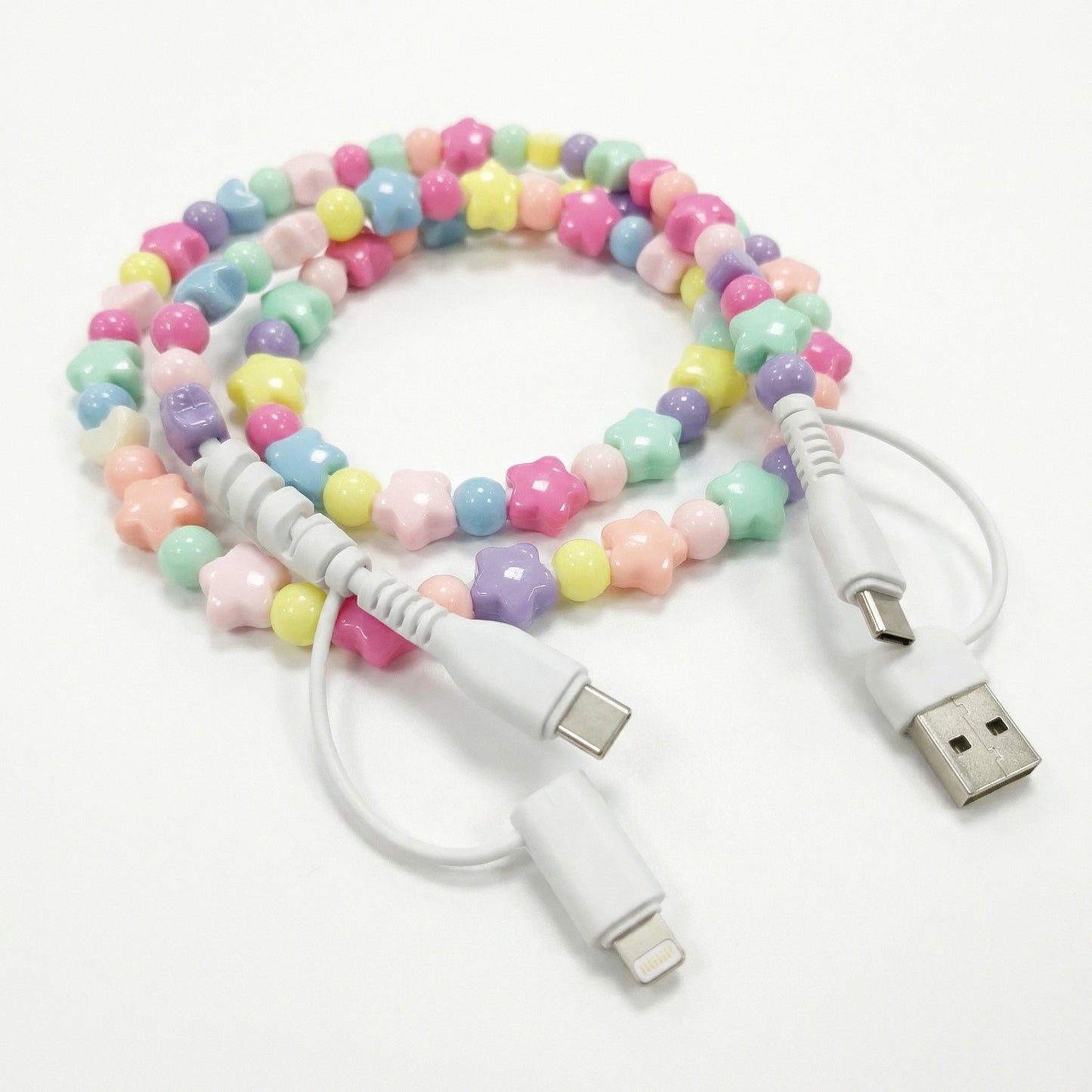 Colorful Beaded USB Charging Cable 4 in 1 Fast Charge Type C Lightning Micro USB Cute Cord