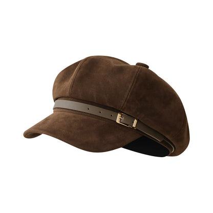 Suede-Look Baker Boy Newsboy Cap with Adjustable Buckle Strap Vintage Soft Fall Hat