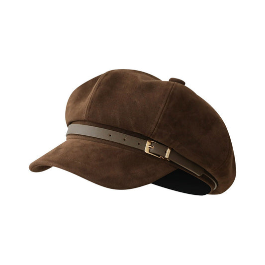 Suede-Look Baker Boy Newsboy Cap with Adjustable Buckle Strap Vintage Soft Fall Hat