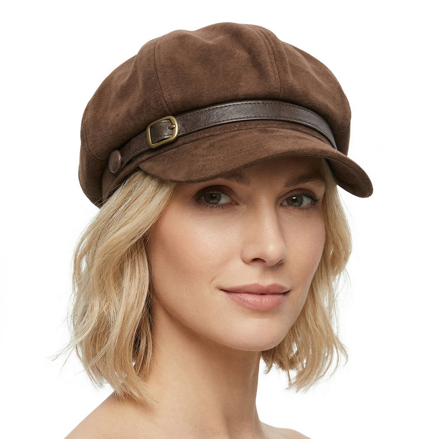 Suede-Look Baker Boy Newsboy Cap with Adjustable Buckle Strap Vintage Soft Fall Hat
