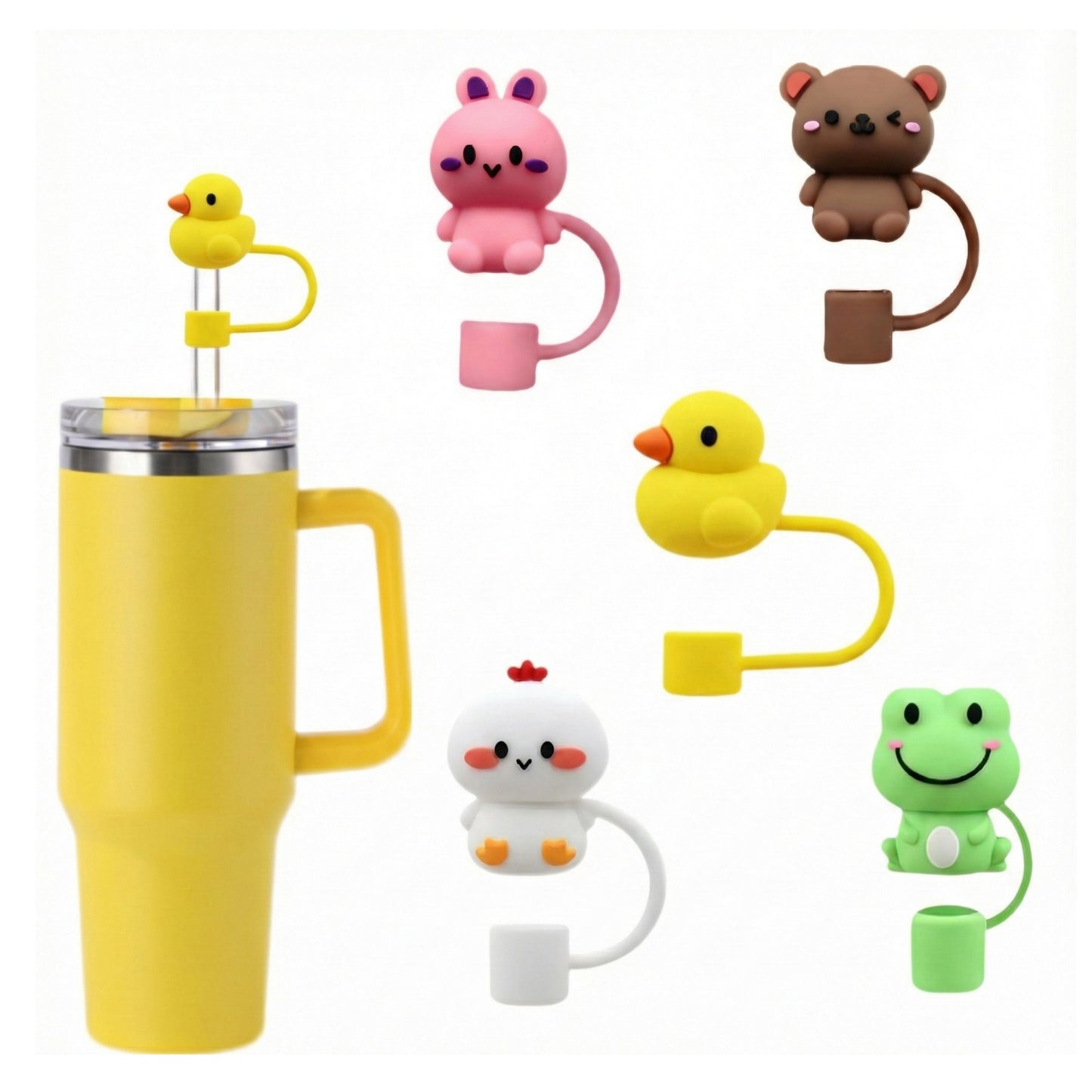 Animal Straw Cover Set 5 Pack Cute Silicone Tumbler Straw Caps Reusable Decorative Drink Accessories