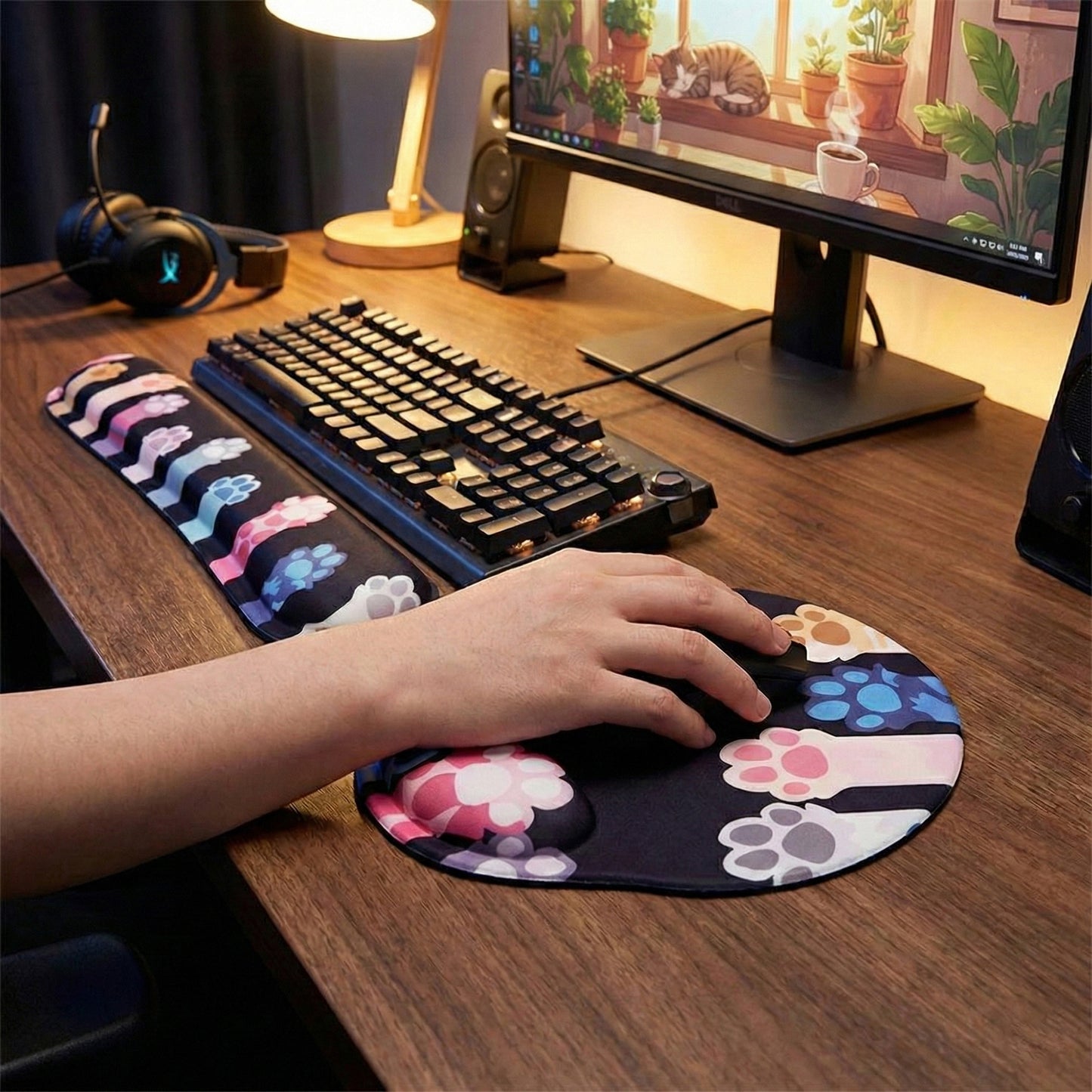 Fabric Mouse Pad and Wrist Rest Set with Ergonomic Support Cute Paw Print Design