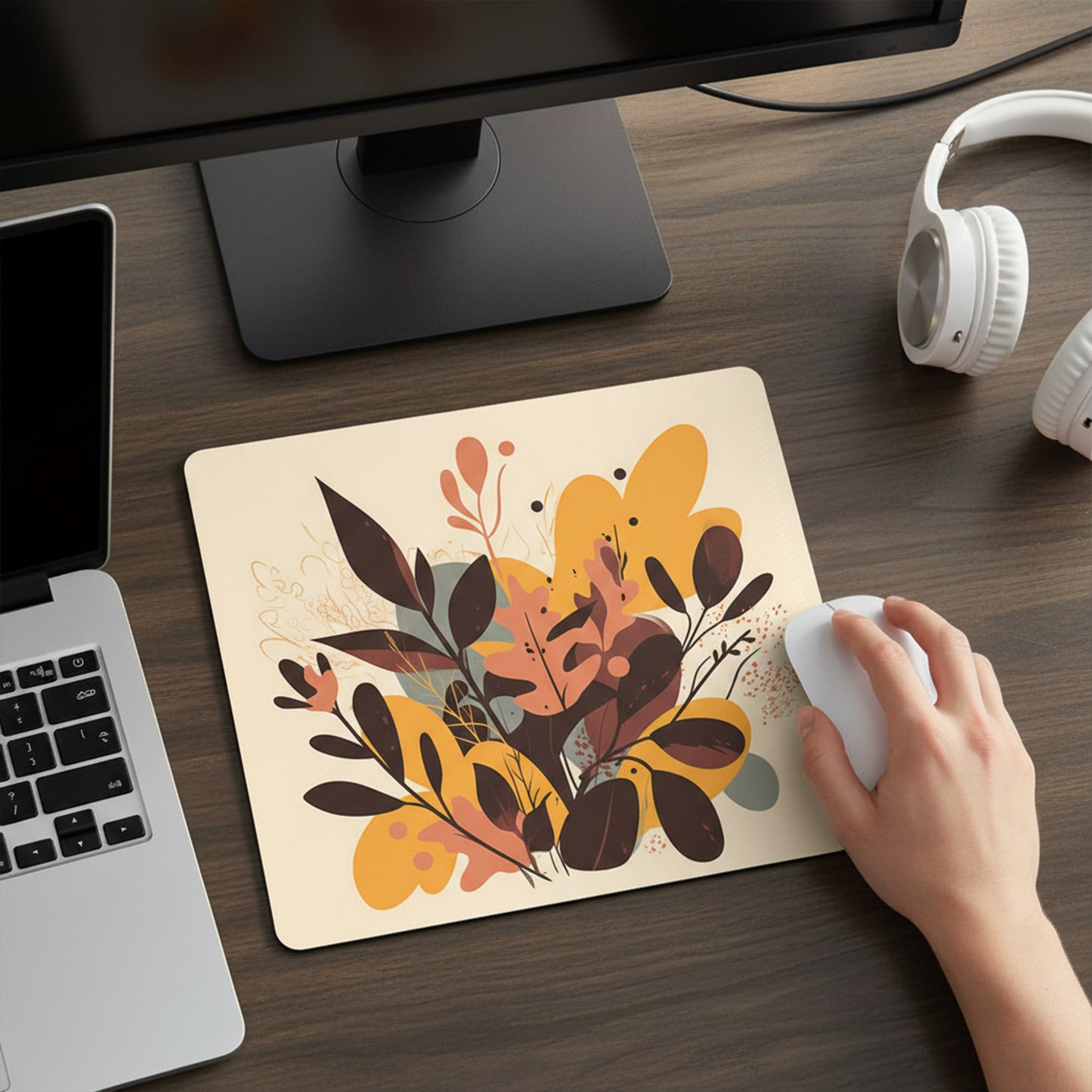 Mouse Pad with Non Slip Rubber Base and Decorative Botanical Design
