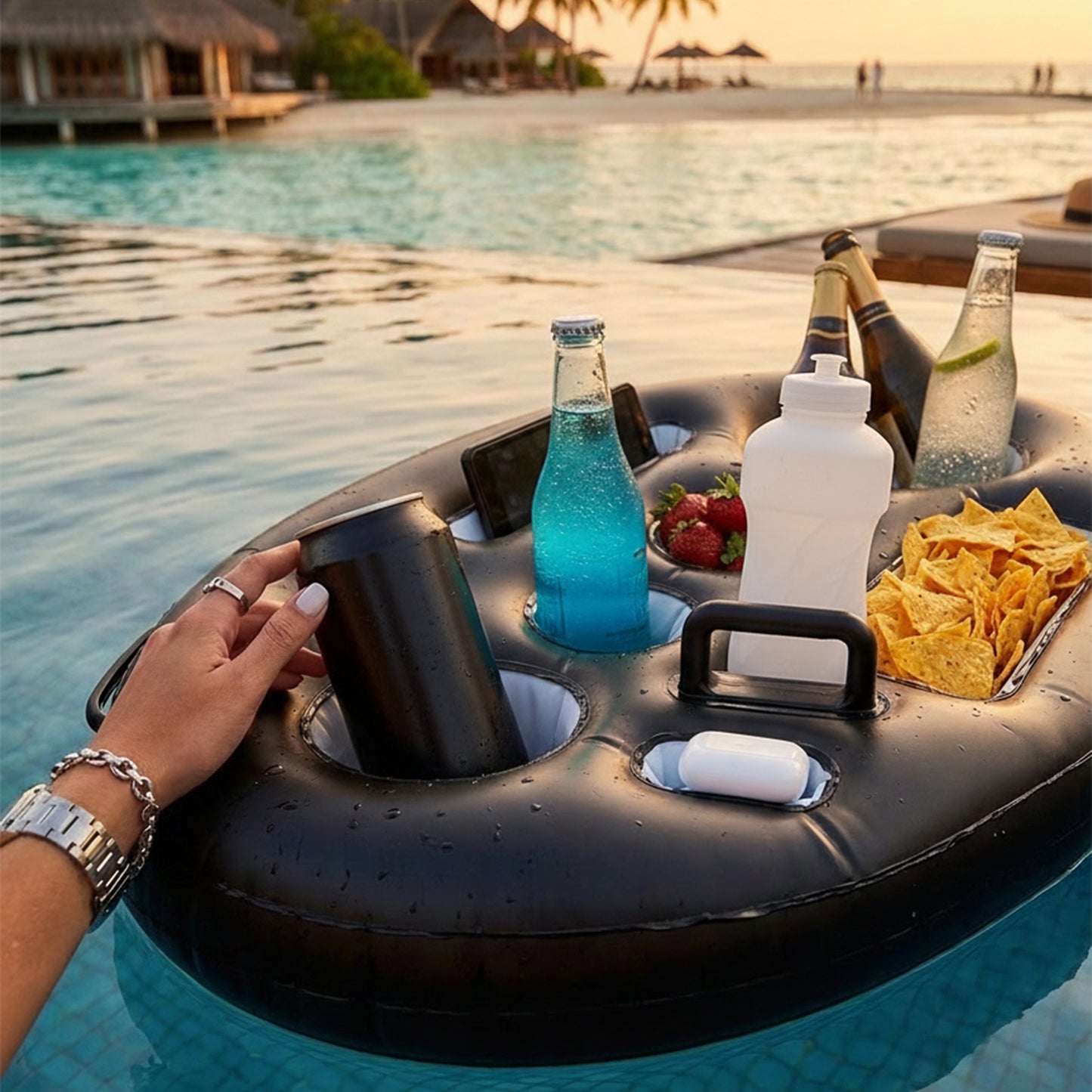 Inflatable Pool Floating Drink Holder with Ice Bucket Food Tray Cup Holders Party Serving Tray