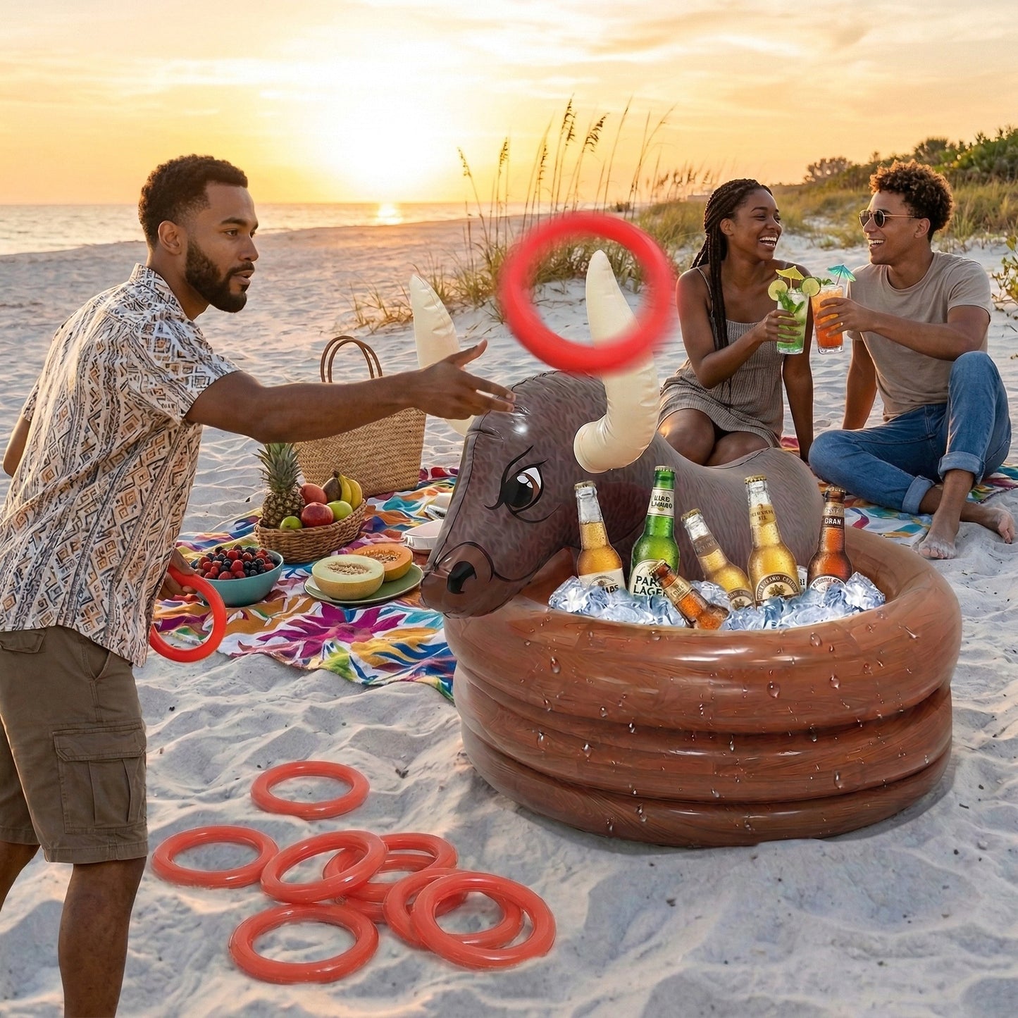 Inflatable Bull Ring Toss Game Ice Bucket Party Drink Cooler with Toss Beverage Cooler Party Game