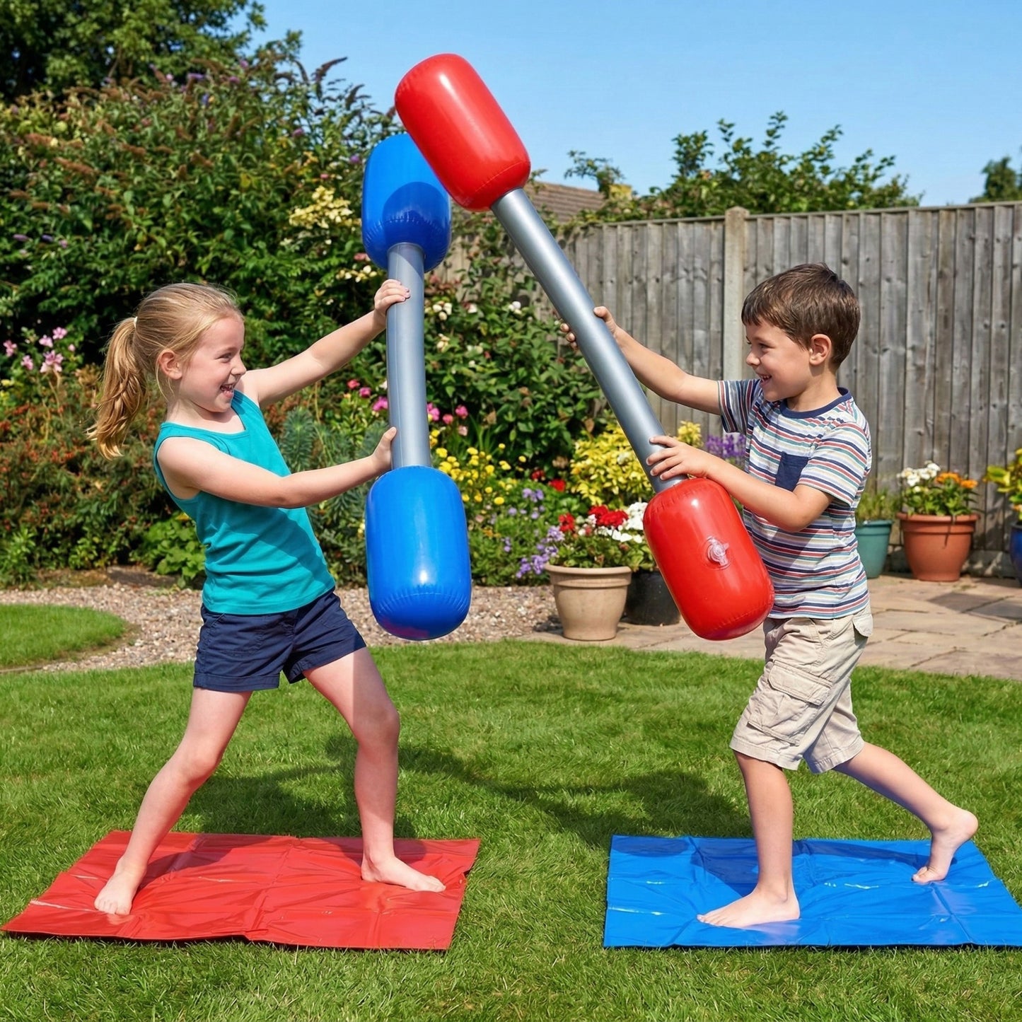 Kids Inflatable Jousting Game Set with 2 Bopper Sticks and Play Mats Outdoor Backyard Battle Game
