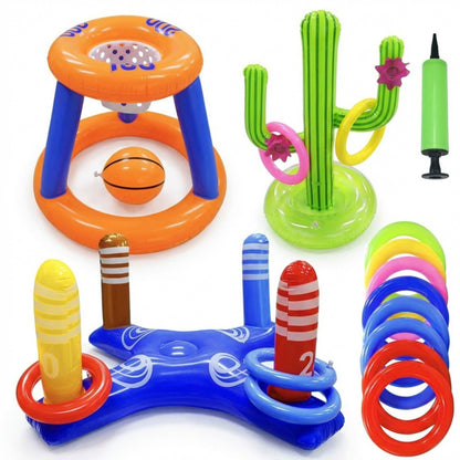 Inflatable Pool Games Set with Basketball Hoop and Ring Toss Water Toy Kit for Pool Parties